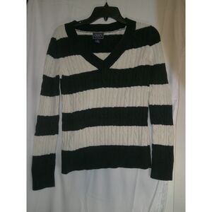Chaps Classic Black & White Striped Cable Knit V-Neck Sweater‎